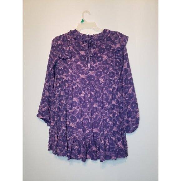 Free People Women Sz S Dress Long Sleeve Floral Pink Purple Short Ruffle Pleated - Picture 2 of 8